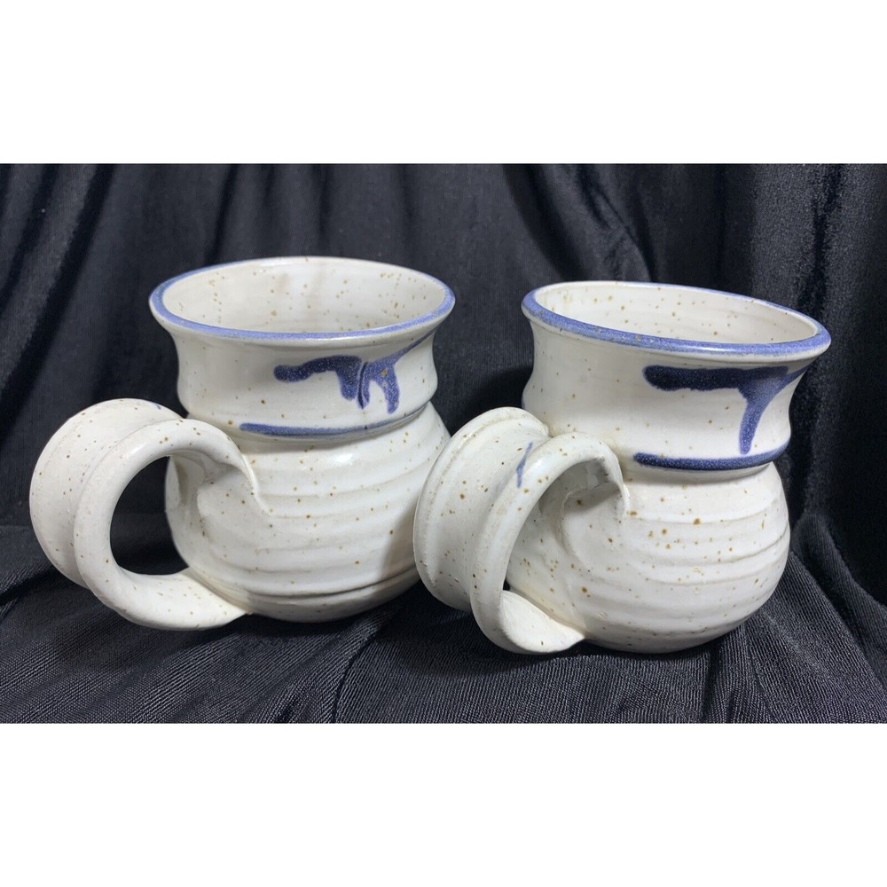 Stoneware Mugs (2) Studio Pottery  Oatmeal speckled Blue drip paint Round belly